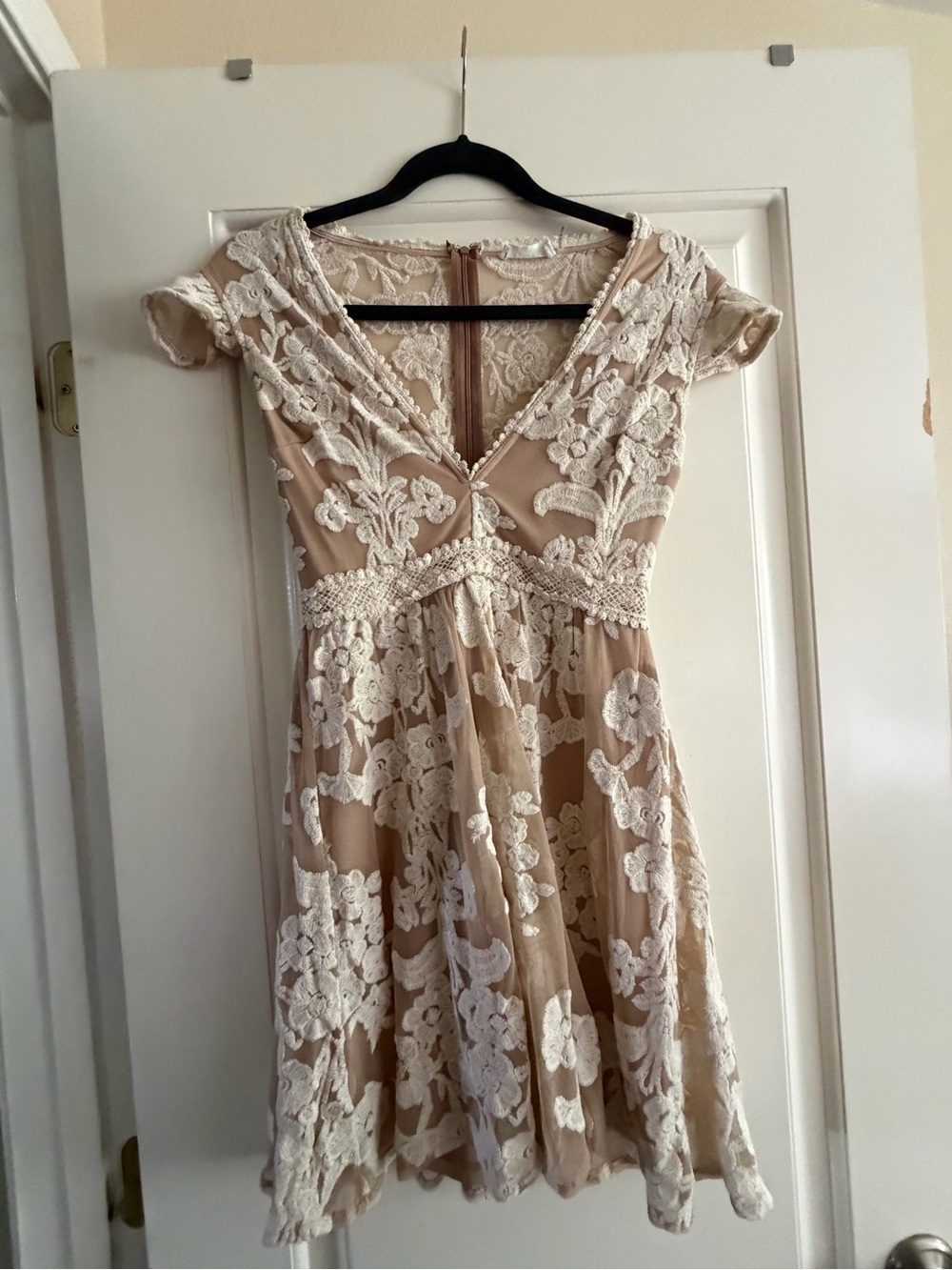 Storia Beige Dress with Cream Lace Overlay